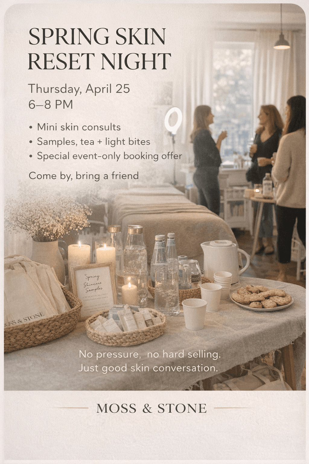 Moss & Stone event creative for a spring skin reset night